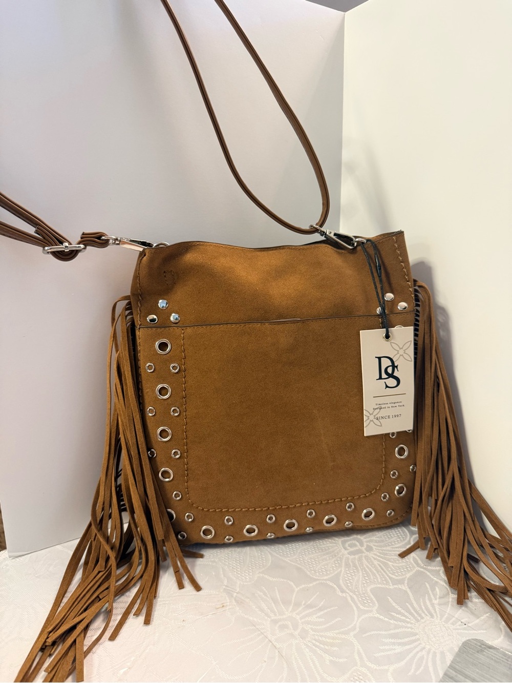 Suede Fringe Crossbody Bag in Camel Brown